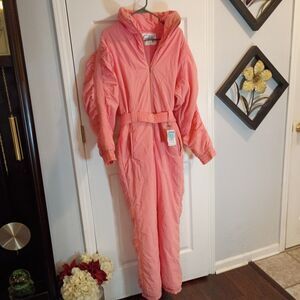 Subello Size 10 Pink Ski Snow Suit Belted Zip Snap Vintage 80s Ski Suit